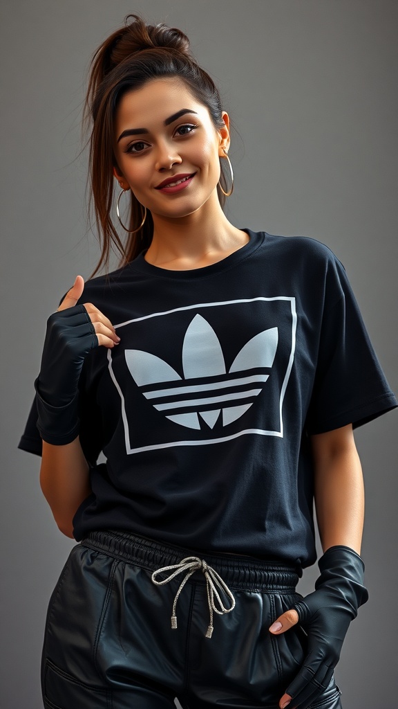 A woman wearing leather joggers and an oversized tee, showcasing a hip hop dance outfit.