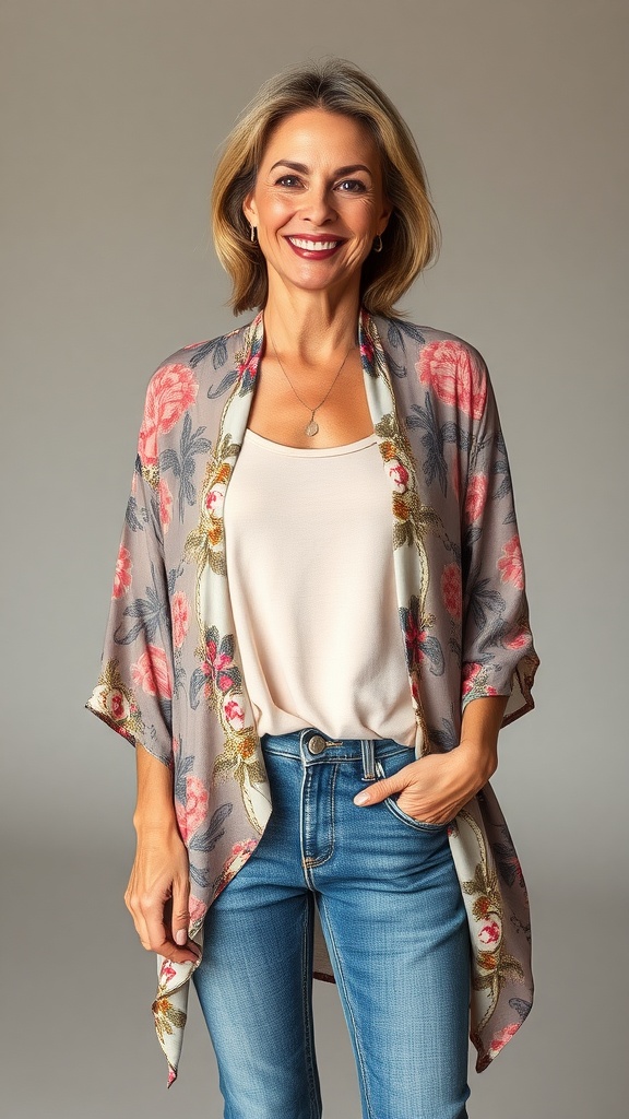 A woman wearing a floral light kimono over a tank top and jeans, smiling confidently.
