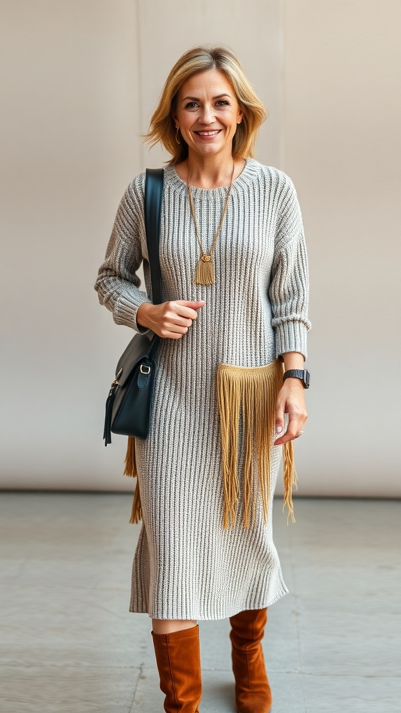 A woman wearing a light sweater dress with fringe accessories, smiling while holding a bag.