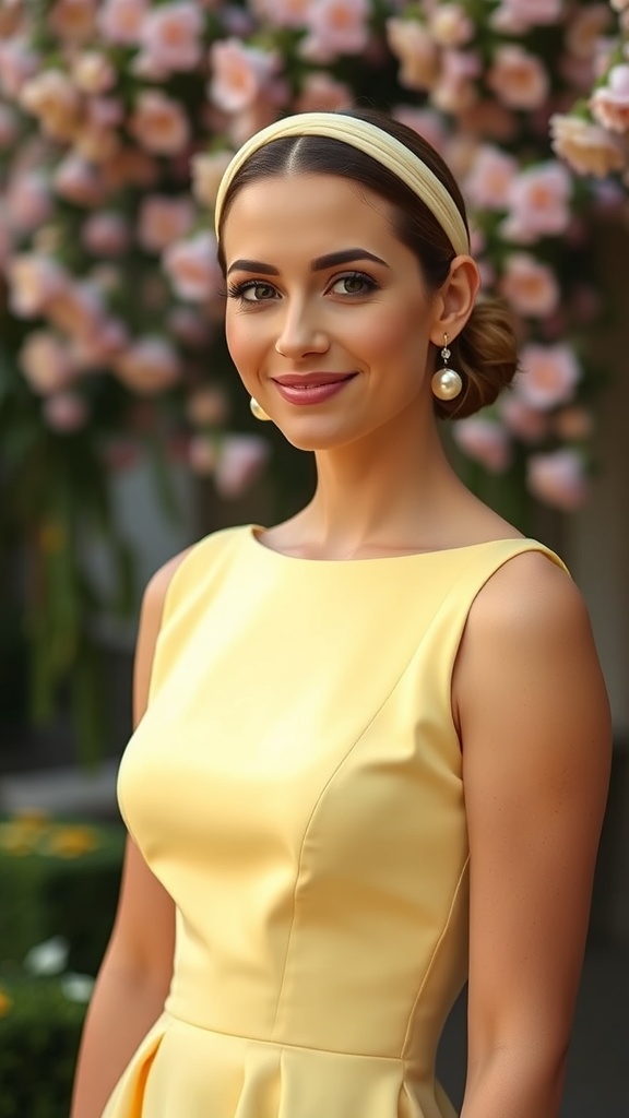 A woman in a light yellow fit-and-flare dress with a headband, smiling in front of a floral background.