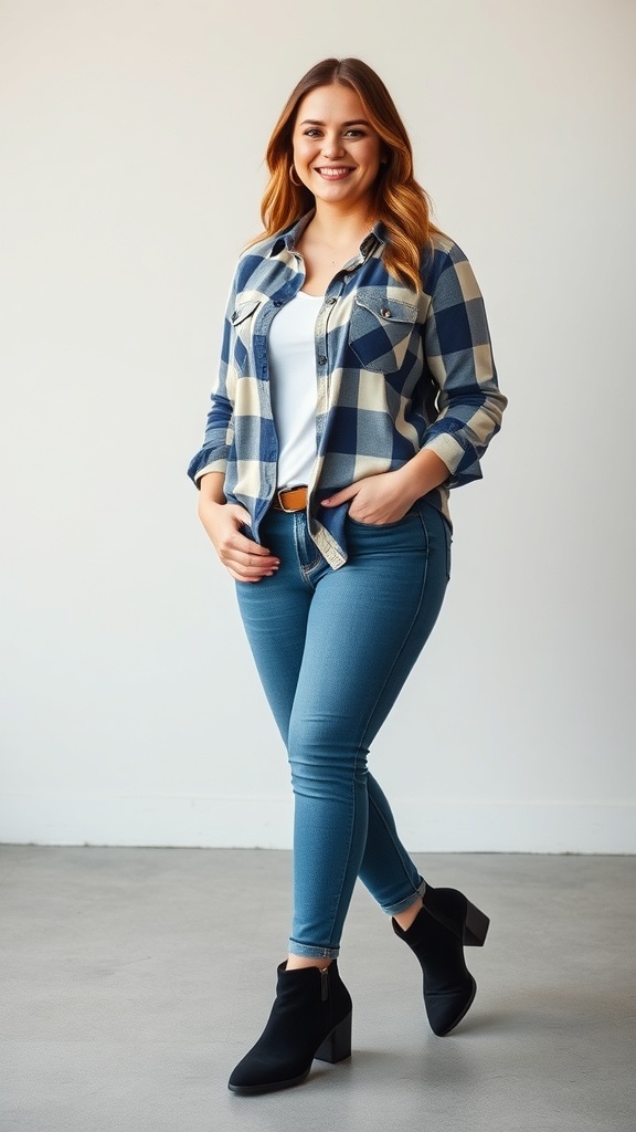 A woman wearing a lightweight flannel shirt and skinny jeans, smiling confidently.
