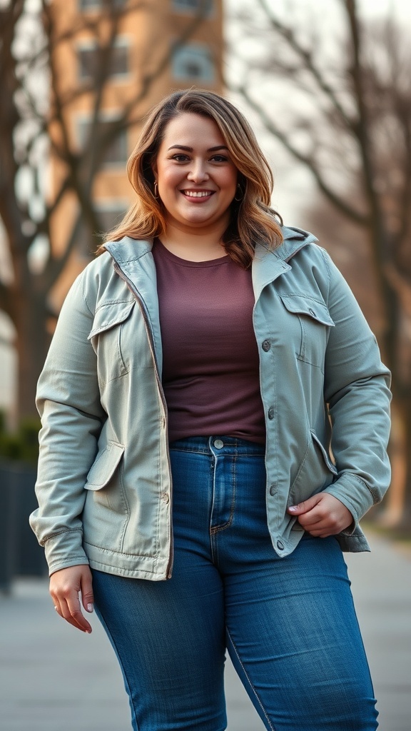 A woman wearing a lightweight utility jacket, jeans, and flats, smiling outdoors.