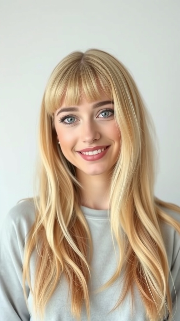A woman with long blonde layered hair and curtain bangs, smiling against a light background.