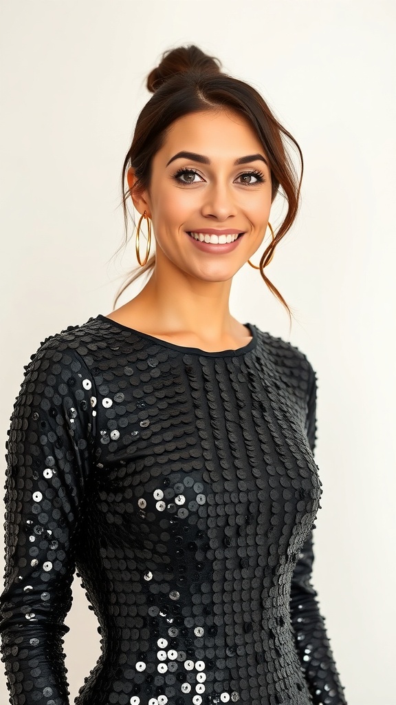 A woman wearing a long-sleeve sequin black mini dress, smiling at the camera.