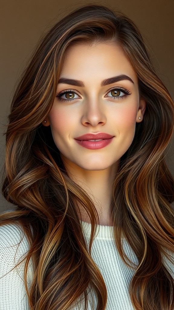 A woman with long, layered hair styled in soft waves, showcasing a 70s hairstyle aesthetic.