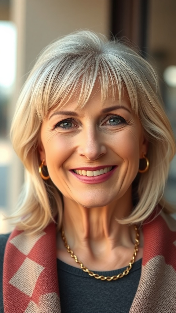 A woman with long bangs and a layered mid-length haircut, smiling warmly.