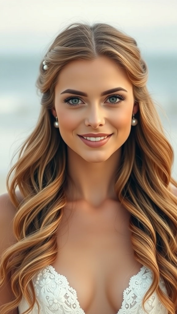 A bride with long beach waves and mini pearl clips, smiling at the beach.