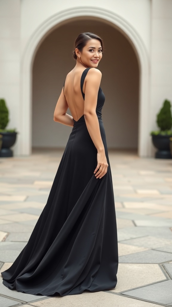 A woman wearing a long black gown with an open back, smiling and posing for a photo.