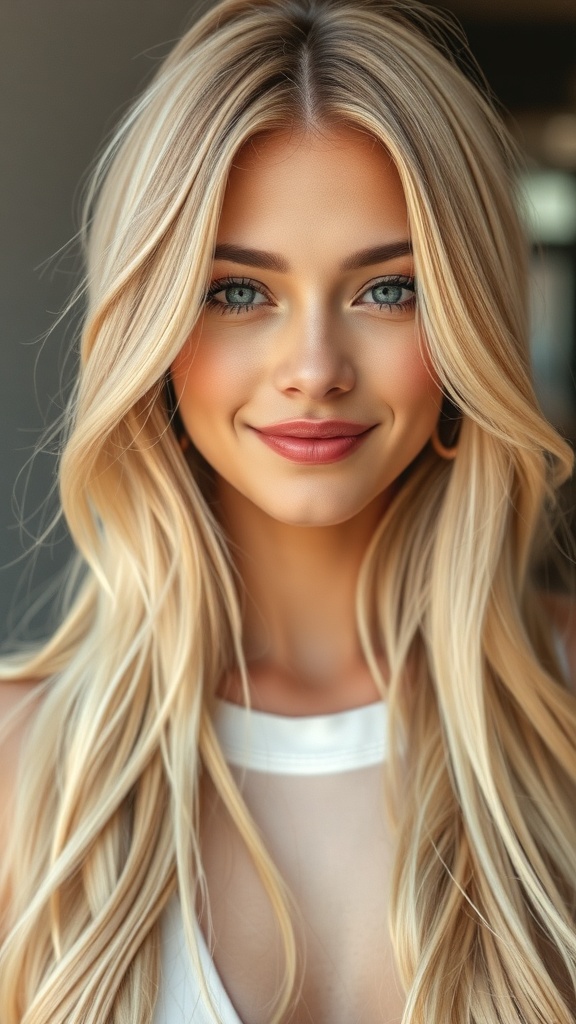 A woman with long blonde layered hair, featuring face-framing strands and a bright smile.