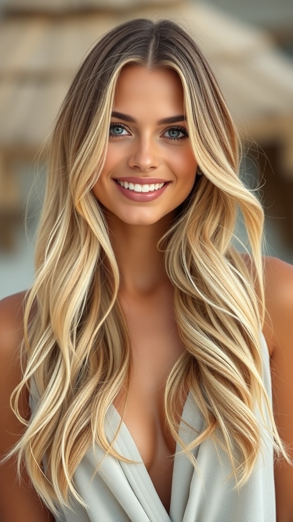 A woman with long blonde layered hair styled in soft beachy waves, smiling at the camera.