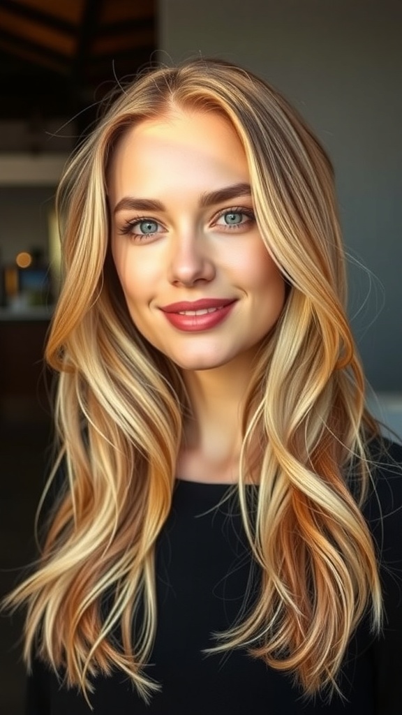 A woman with long blonde layered hair and sun-kissed highlights, smiling softly.