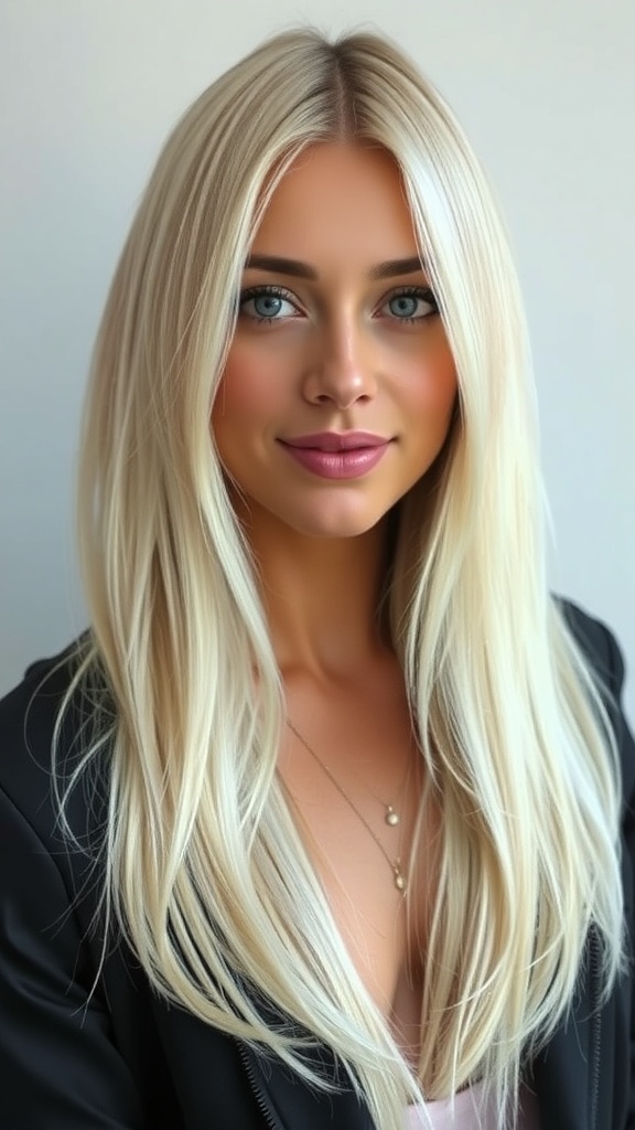 A woman with long blonde layered hair and toned ends, smiling at the camera.