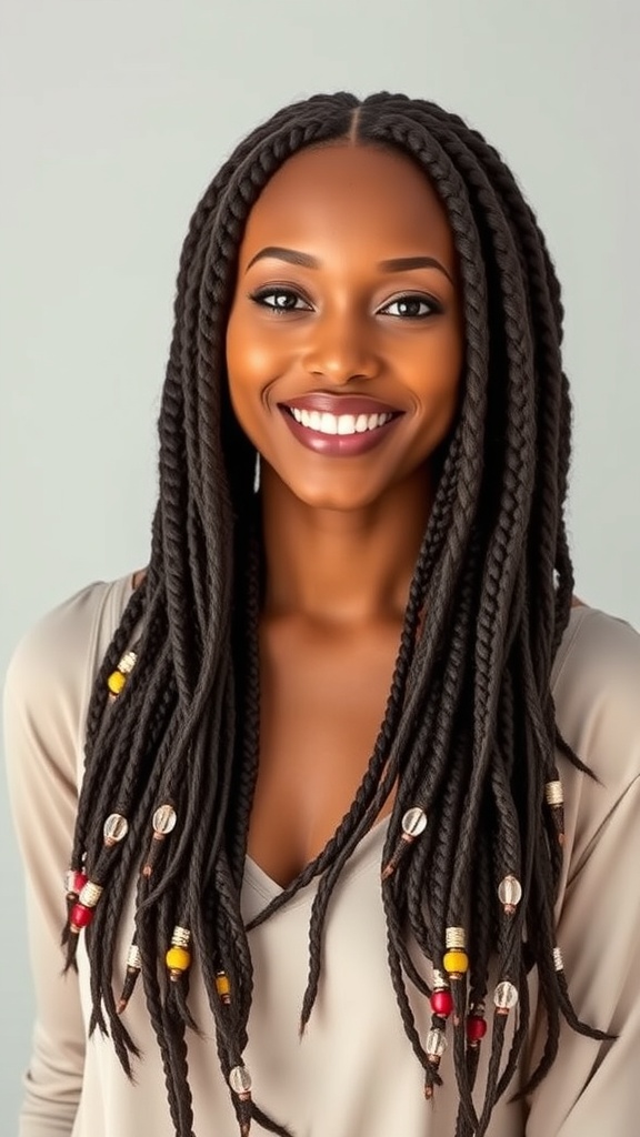 A woman with long braided hair adorned with colorful beads, smiling at the camera.