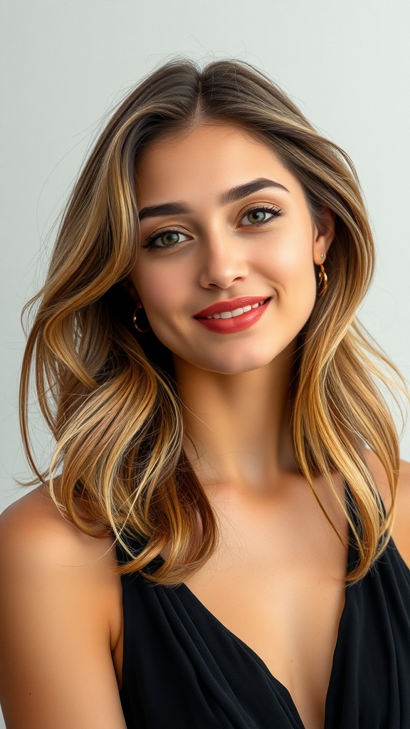 A woman with long layered hair styled in a butterfly haircut, featuring face-framing layers and a natural look.