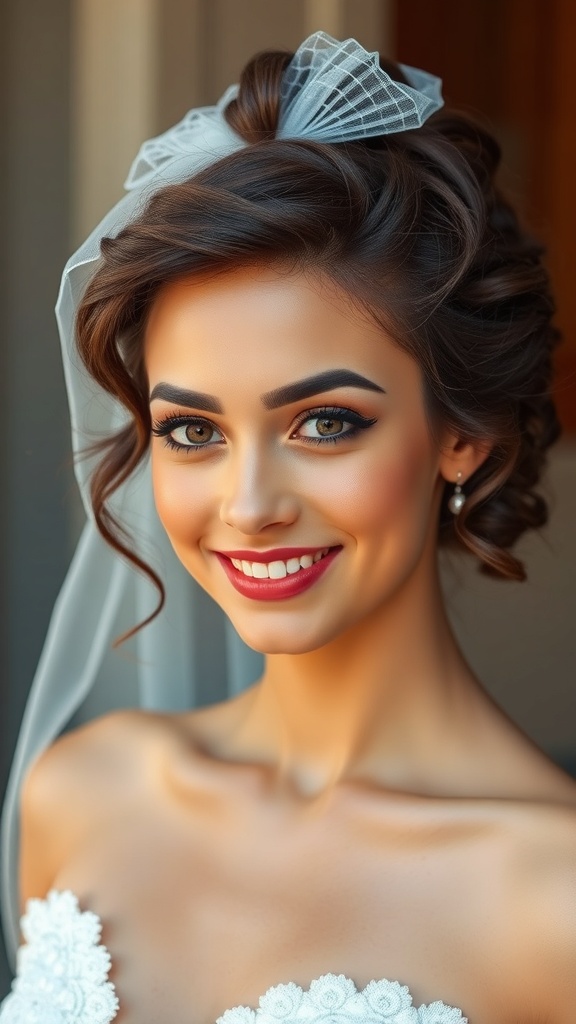 Bride with long curly hair styled half up half down, wearing a simple veil.