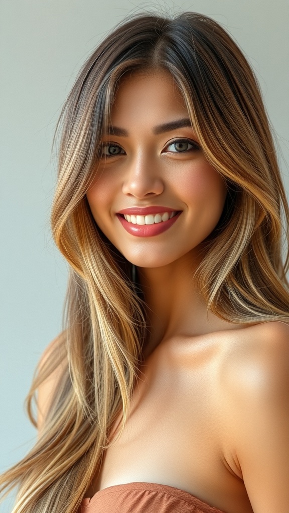 A woman with long feathered layers and a center part, showcasing a classic 90s hairstyle.