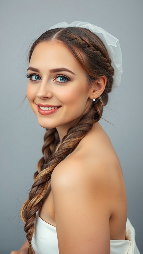 A woman with a long fishtail braid and face-framing pieces, wearing a simple veil, showcasing a romantic wedding hairstyle.