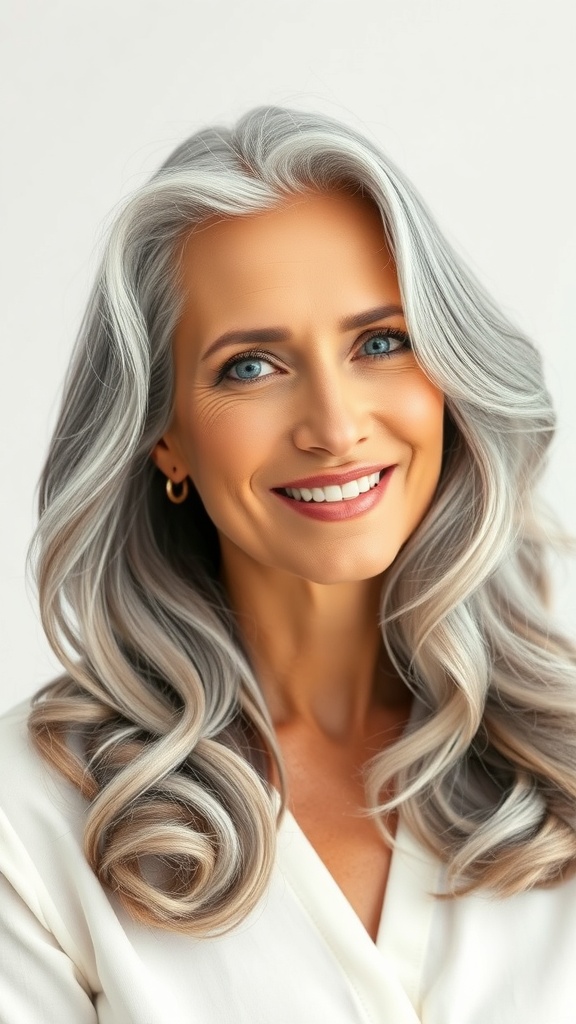 A woman with long gray hair styled in gentle waves, smiling confidently.