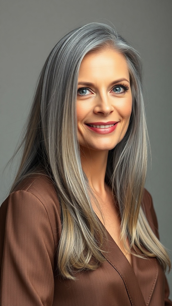 A woman with long gray hair and a sleek finish, smiling confidently.
