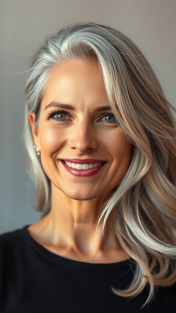 A woman with long silver hair styled in soft waves, smiling confidently.