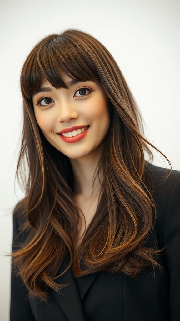 Long hair with subtle curtain bangs and ends flipped out, showcasing a stylish layered hairstyle.