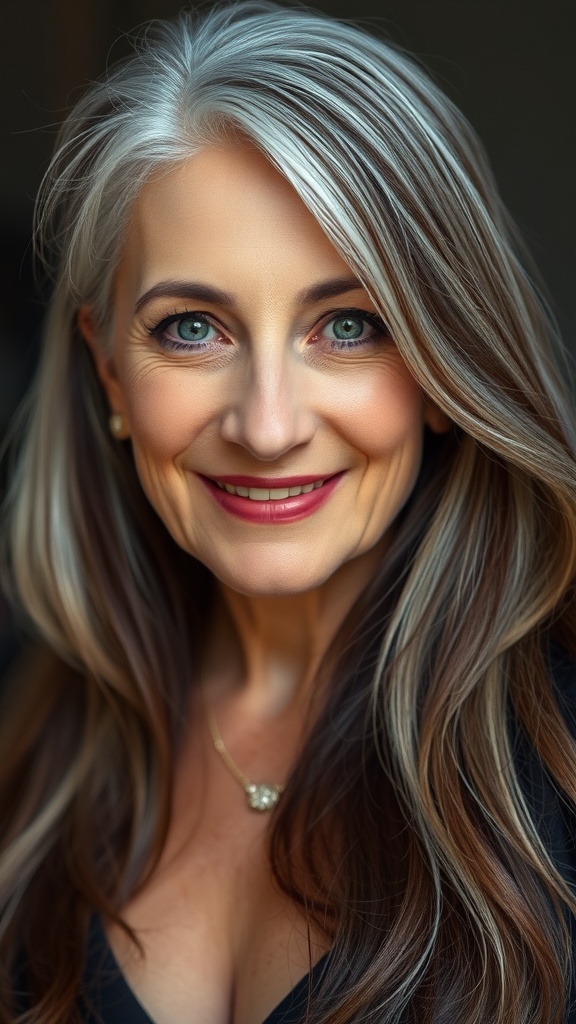 A woman with long hair featuring subtle silver balayage, smiling confidently.