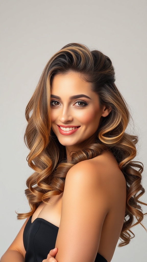 A woman with long layered curly hair, showcasing defined curls and a bright smile.
