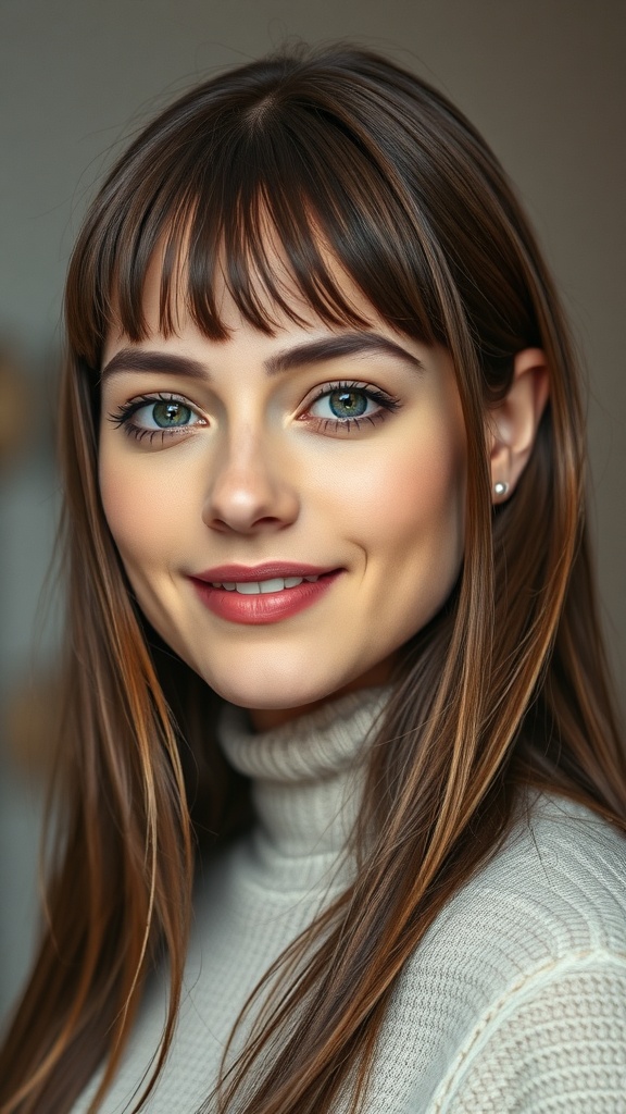 A woman with long layered hair and barely-there bangs, showcasing a sleek and cute hairstyle.