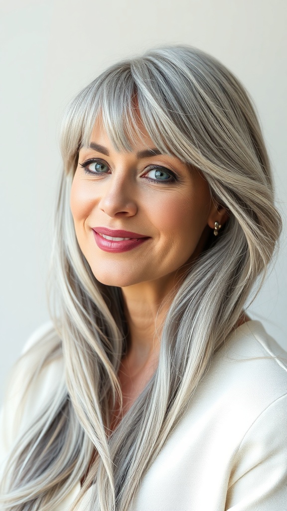 A woman with long layered gray hair and side-swept bangs, smiling confidently.