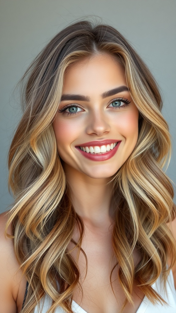 A woman with long layered wavy hair featuring sun-kissed highlights, smiling at the camera.