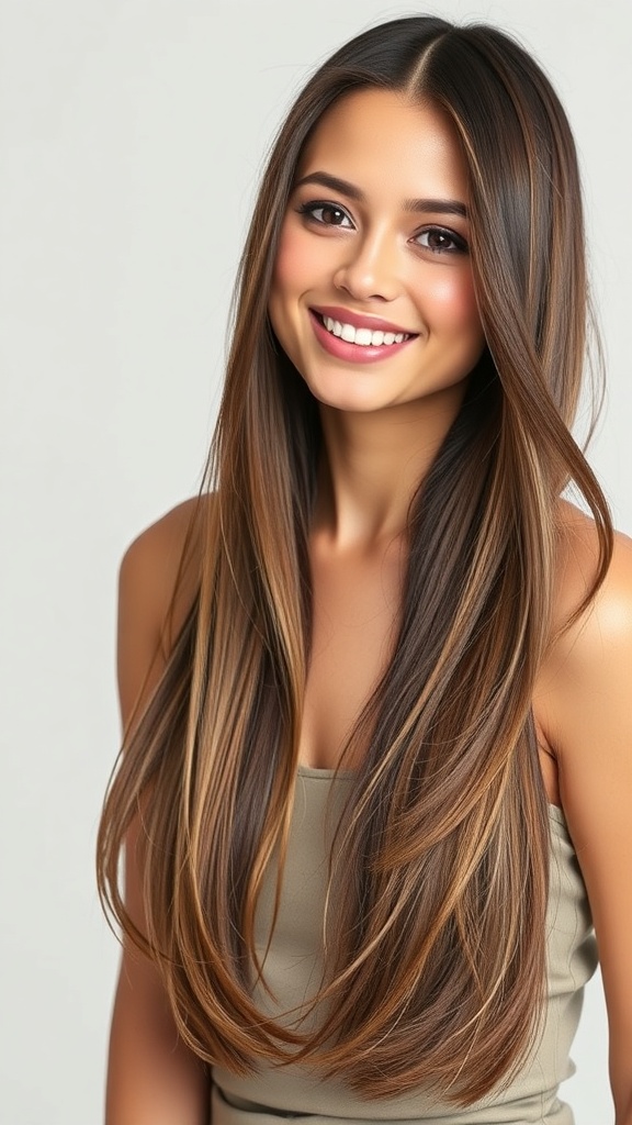 A woman with long, layered straight hair and sleek ends, smiling at the camera.