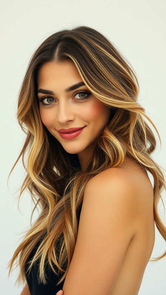 A woman with long layered wavy hair, showcasing defined waves and a radiant smile.