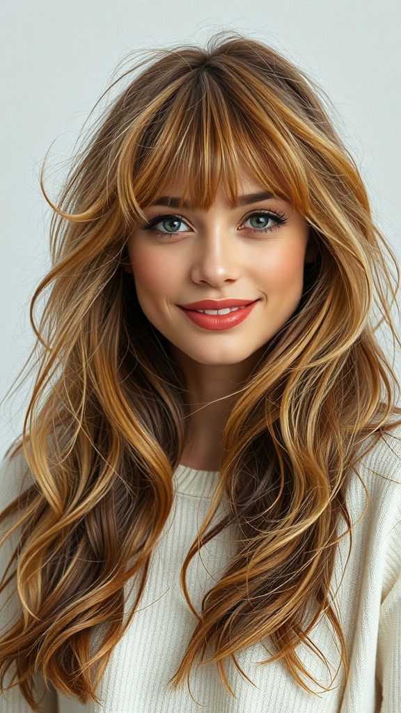 A woman with long layered hair featuring a fuzzy texture and fringe, showcasing a 70s hairstyle aesthetic.
