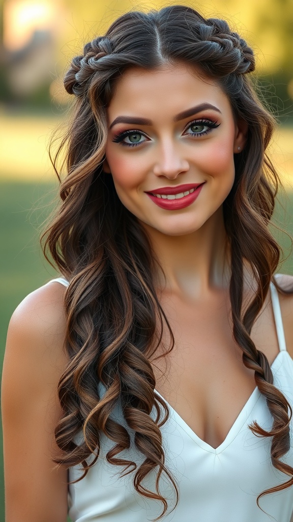 A woman with long loose curls and micro braids, showcasing a glamorous wedding hairstyle.