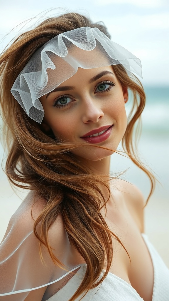 A bride with long natural waves and a sheer veil, smiling at the beach.