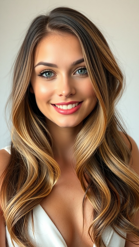 A woman with long natural wavy hair styled in blended layers, showcasing a vibrant look.
