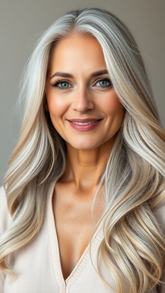 A woman with long silver hair styled in soft layers, smiling confidently.