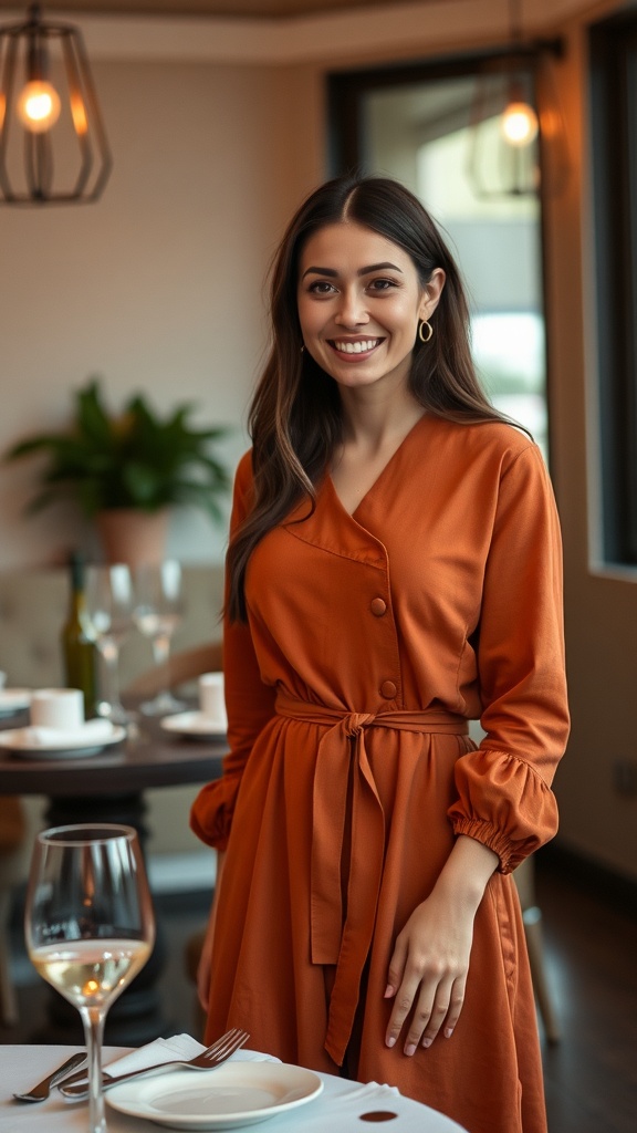 A woman smiling in a rust midi dress with a belted waist, standing in a stylish restaurant setting.