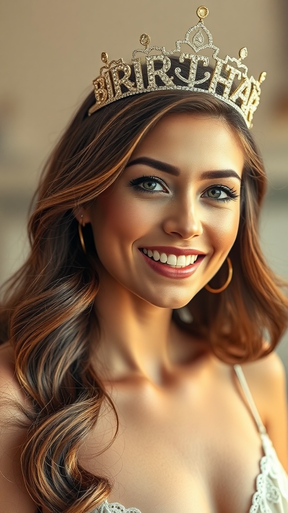 A woman with long soft waves and a birthday tiara, smiling brightly.