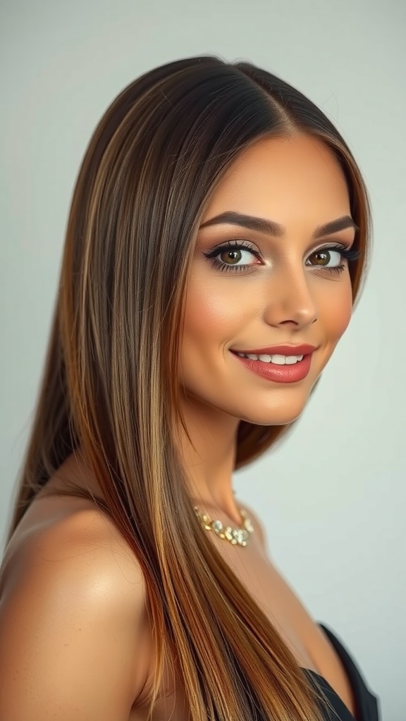 A woman with long straight hair featuring curtain layers and a shiny finish, smiling at the camera.