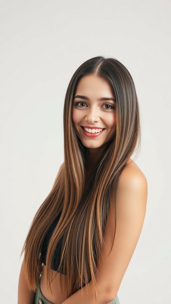 A woman with long straight hair featuring invisible layers, smiling at the camera.