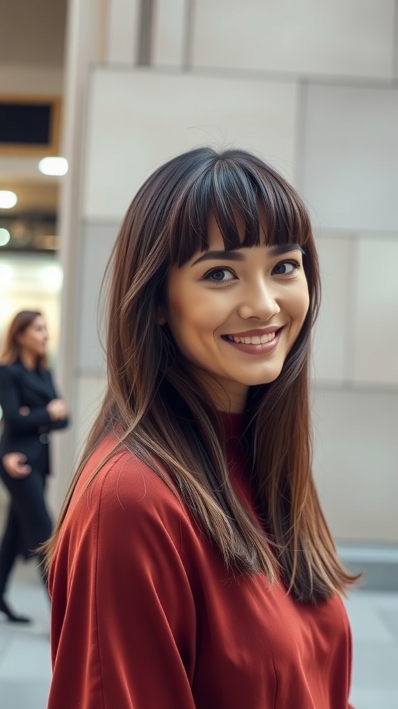 A woman with long textured hair and face-framing layers, showcasing a 70s hairstyle aesthetic.