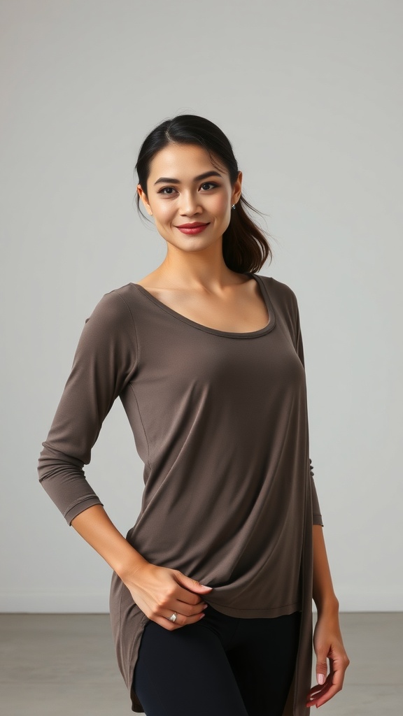 A dancer wearing a long tunic top with a slit over a leotard, showcasing a modern dance outfit.