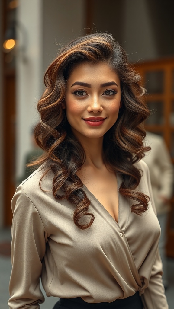 A woman with long vintage curls and feathered layers, showcasing a glamorous hairstyle.