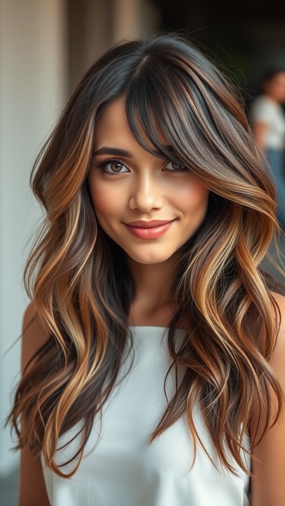 A woman with long wavy hair styled in layers, showcasing beautiful highlights and a natural flow.