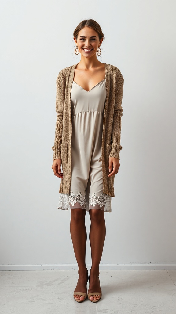 A woman smiling while wearing a longline cardigan over a retro slip dress with stockings.
