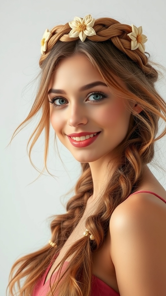 A young woman with a loose braided crown hairstyle adorned with flowers, showcasing a 70s retro vibe.