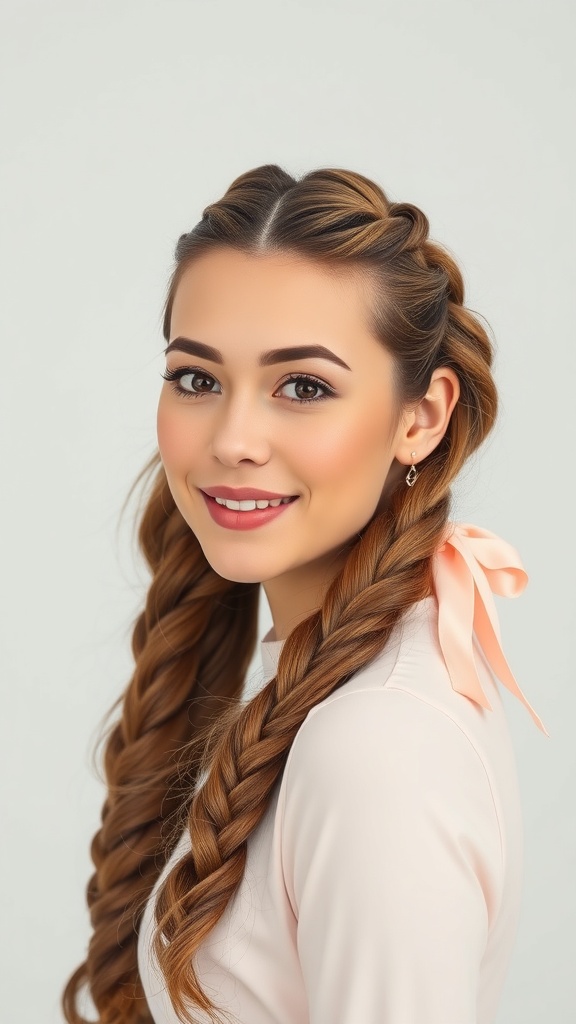 A young woman with loose braided waves hairstyle adorned with ribbons, smiling at the camera.
