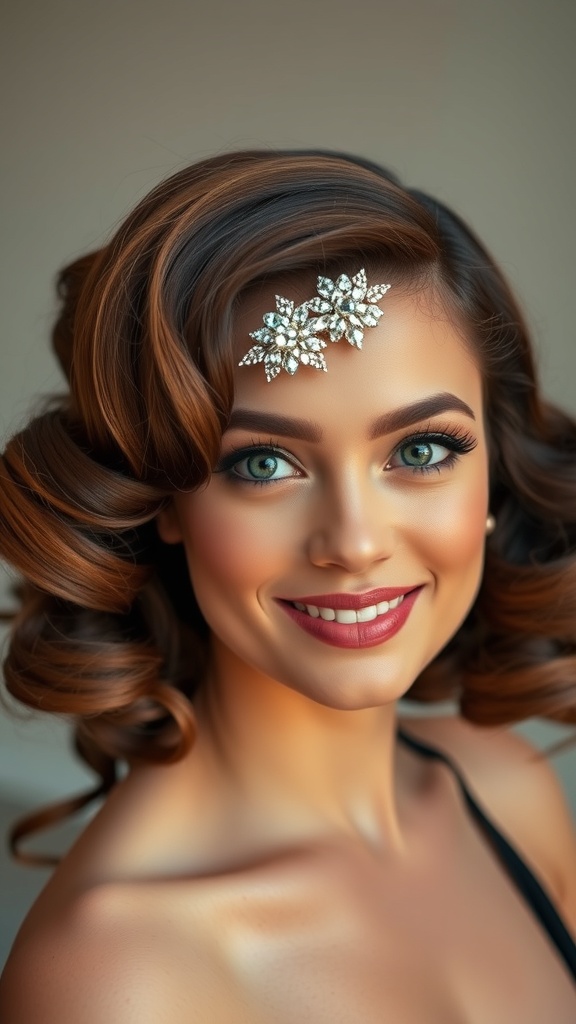 A woman with loose curls and a rhinestone hair clip, showcasing vintage hair style.