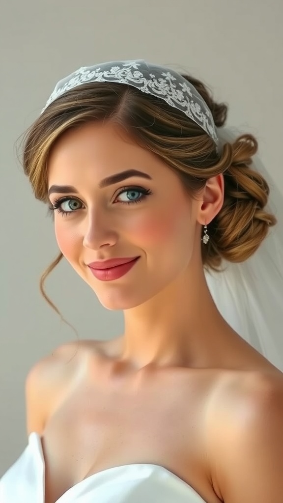 Bride with loose curly bun and veil pinned underneath, showcasing elegant wedding hair.